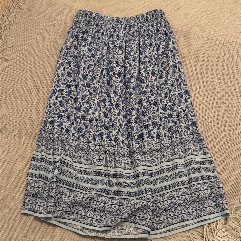 J.Jill Blue Floral Midi Skirt Petite Small Smocked Waist Boho - Picture 3 of 3